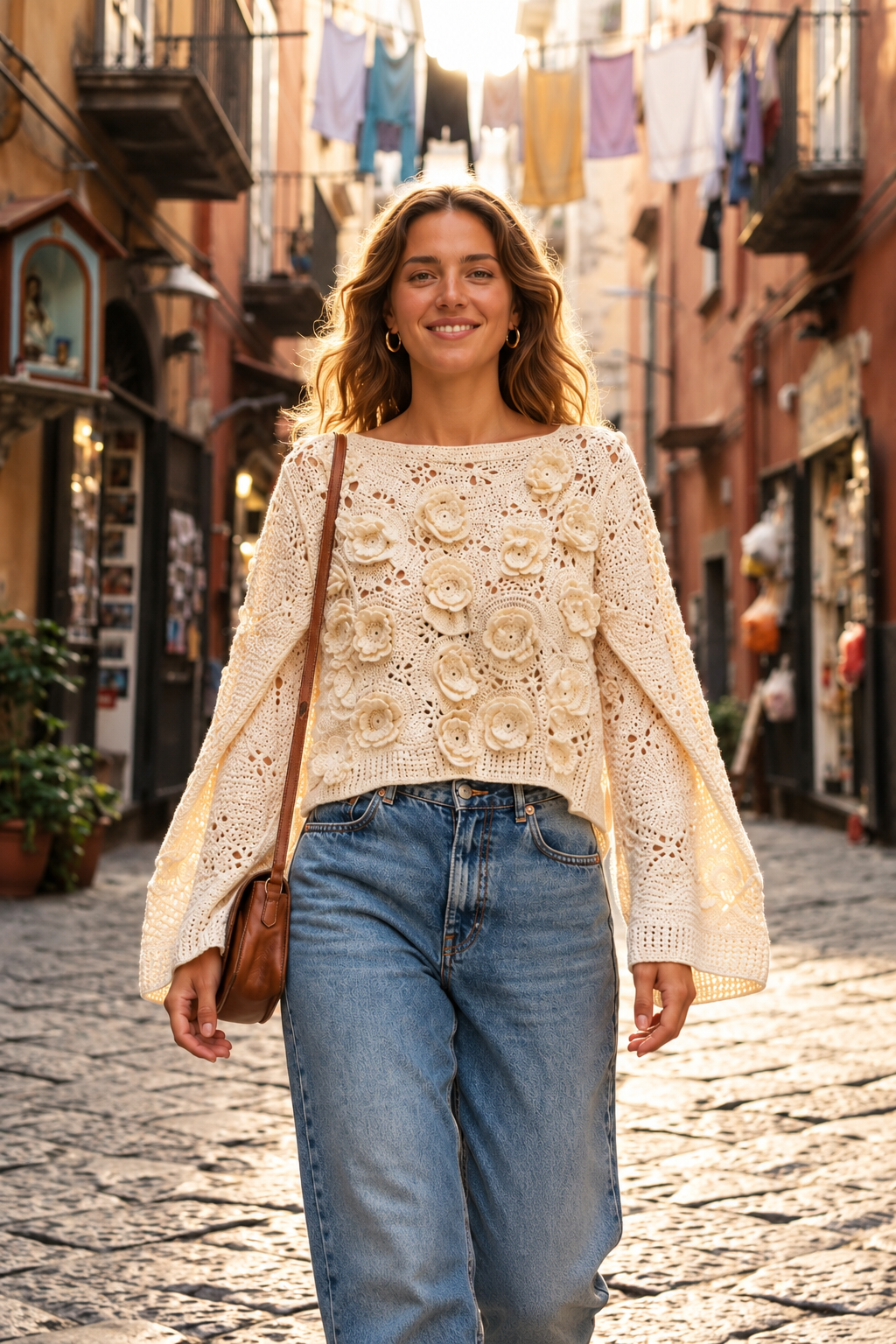 Maglia donna crochet panna con fiori Nazzaro Shop